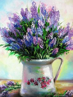 a painting of purple flowers in a white pitcher