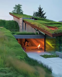 an unusual house with grass on the roof and fire pit in the middle of it