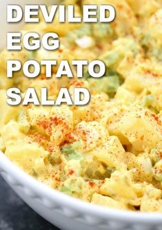 deviled egg potato salad in a white bowl with the words deviled egg potato salad