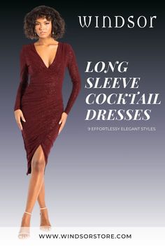 a woman in a long sleeved cocktail dress with the words windsor on it and an advertisement