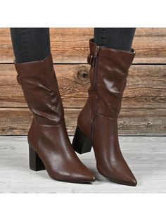 Marrón  Collar     Embellished Brown Boots, Boots Brown Women, Womens Mid Calf Boots, Boots Women Fashion, Wide Calf, Boots Brown, Calf Boots, Mid Calf Boots, Stacked Heel