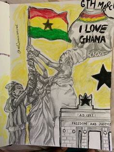 a drawing of a woman holding a flag with the words i love ghana written on it