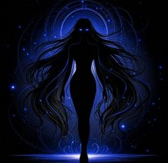 a woman with long hair standing in front of a blue light and stars filled sky