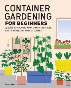 a book cover for container gardening for beginners with potted plants and windowsills