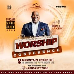 the worship conference flyer with an image of a man in a suit and white shirt