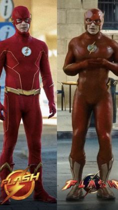 the flash and supergirl costumes are shown in three different poses