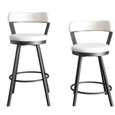 two black and white bar stools with backrests against a white background,