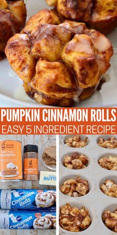 pumpkin cinnamon rolls on a plate, uncooked in a baking tin, and the ingredients for the recipe on a white wood board Pumpkin Cinnamon Roll Bake, Pumpkin Cinnamon Rolls Easy, Cinnamon Squares, Cinnamon Roll Bake