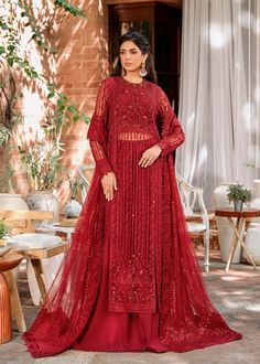 Red Pakistani Party Dress in Kameez and Sharara Style Mastani Dress, Akbar Aslam, Chiffon Collection, Party Kleidung, Pakistani Wedding Dresses, Bridal Party Dresses, Pakistani Outfits, Fabric Stores Online, Embellished Dress