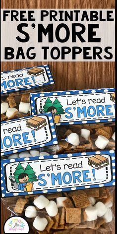 three free printable s'more bag toppers with marshmallows on them