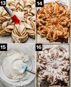 the steps to making cinnamon rolls are shown in four different pictures, including frosting and icing