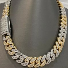 VVS1 Moissanite Studded Gold Plated Two Tone Icedout Cuban Link Chain Necklace Cuban Chain Men, Baguette Necklace, Hip Hop Bling, Diamond Ice