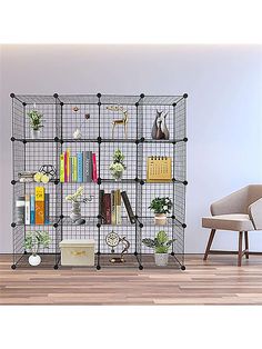 a book shelf with many books on it and a chair in the corner next to it