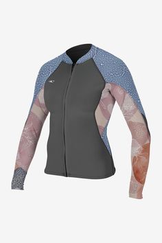 a women's wetsuit with an abstract design on the sleeves and back side