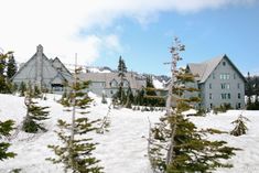 a large white house surrounded by trees in the snow