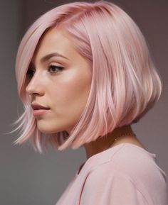 Light Pink Bob, Pink Bobs, Short Pink Bob, Angled Bob With Layers, Blonde Hair With Fringe, Bob With Layers, Pink Bob, Kim Hair, Chic Haircut