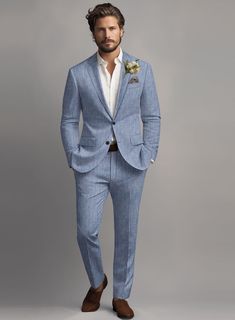 Upgrade your suit game with our Italian  Linen Artisanal Light Blue  Suit. The subtle blue tone complements solid patterns, adding a touch of sophistication to your overall look. Crafted from pure linen fabric, this suit boasts a cool and sleek aesthetic that will revitalize your fashion sense. It eliminates any uncertainty when choosing attire for weddings and formal events on your social calendar.     Look Includes   Italian Linen Artisanal Light Blue  Fabric  Two Button Jacket Style  Notch La Light Blue Mens Wedding Suit, Summer Suits For Men Wedding, Steel Blue Groom Suit, Navy Wedding Suits Men, Heather Blue Suit Wedding, Light Blue Linen Suit Men, Men Blue Wedding Suit, Mens Blue Linen Suit, Blue Linen Groomsmen Attire