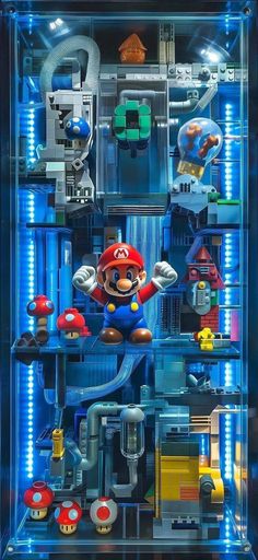 a display case with mario and other toys in it