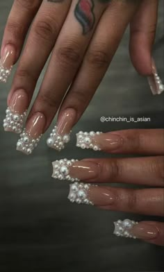 Nails With Pearls On Them, Nails For Hoco, Funky Nail Designs, Funky Nail Art, Graduation Nails, Hard Nails, Short Square Acrylic Nails, Exotic Nails, Pearl Nails