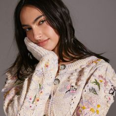 Embroidery Cardigan, Luanna Perez, Shoulder Cardigan, Puff Sleeve Cardigan, Curated Outfit, Creative Knitting, Beautiful Knitting, Anthropologie Sweater, Flower Embroidery