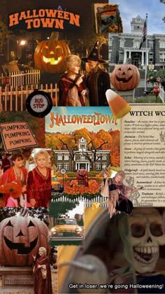 halloween town collage with pumpkins, jack - o'- lanterns and skeletons