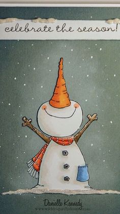 a card with a snowman wearing a hat and scarf