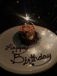 a birthday cake on a plate with sparklers