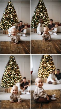 a baby sitting on the floor in front of a christmas tree with his family around it