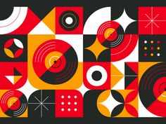 an abstract pattern with circles, dots and stars on black background in red, orange, yellow and white