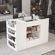 a white counter with lots of items in it