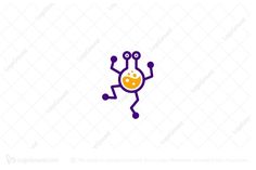 a purple and yellow logo with an orange ball in the shape of a dancing man