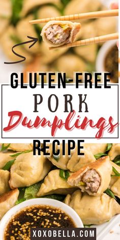 gluten - free pork dumplings recipe with dipping sauce on the side and title overlay