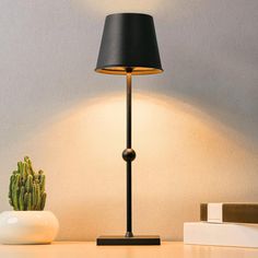 a black lamp sitting on top of a table next to a potted cactus