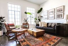 a living room filled with furniture and lots of window sill space next to a large potted plant