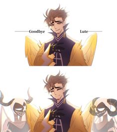 two pictures of an anime character with different expressions on their faces and the words goodbye written in