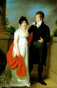 a painting of a man and woman in formal dress standing next to each other on a balcony