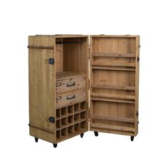 an open wooden cabinet with wine bottles in the bottom section and shelves on each side