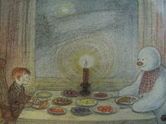 a drawing of two children sitting at a dinner table with a snowman next to them