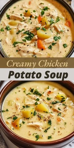 creamy chicken potato soup in a bowl with the text overlay above it that reads, creamy chicken potato soup