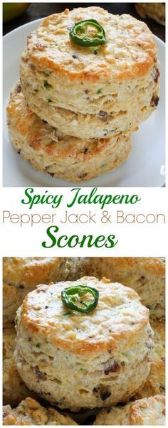 some food is stacked on top of each other with the words spicy jalapeno pepper jack and bacon