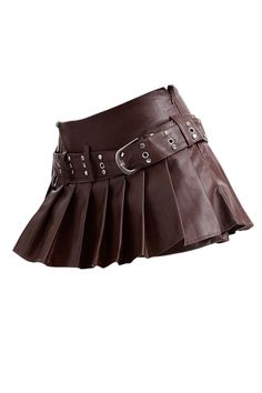 Pleated leather mini skirt in brown with studded belt and buckle details. Features a structured waistband and A-line silhouette Y2k Outfits Grunge, Pleated Leather Mini Skirt, Aesthetic Clothes Y2k, Grunge Sleaze, Skirt Png, Pleated Leather Skirt, Brown Flares, Clothes Y2k, Leather Pleated Skirt