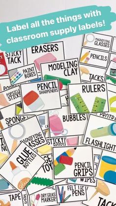 classroom supply labels with the words labels all the things with classroom supply labels on them