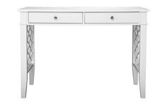 a white desk with two drawers on one side and an open drawer on the other