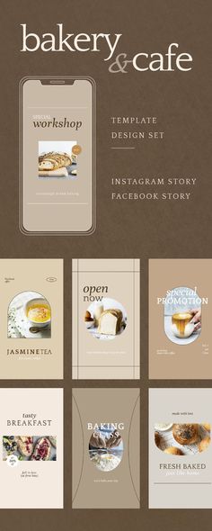 the bakery and cafe menu design set includes an instagramm story, fresh baked bread, freshly baked pastry