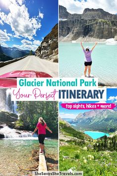 the collager national park tour is featured in four different pictures, including a woman with her arms up