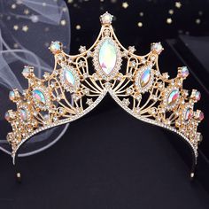 Crystal High Point Tiaras Crown Party Jewelry Accessories – TulleLux Bridal Crowns & Accessories Opal Crown, Fairytale Wedding Gown, Prom Tiaras, Bridal Hair Bands, Crystal Crown Tiaras, Crown Aesthetic, Plus Size Evening Gown, Crown Party, Crystal Colors