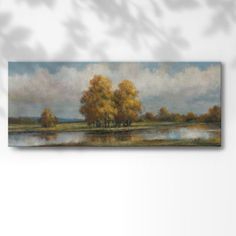 an oil painting on canvas of trees and water with clouds in the sky above it