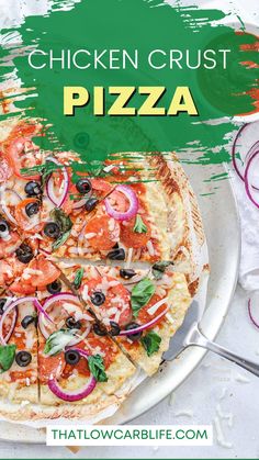 the chicken crust pizza is topped with tomatoes, onions, olives and green peppers