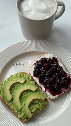 an avocado toast with blueberry sauce and coffee