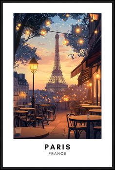 the eiffel tower in paris is lit up at night, with tables and chairs outside